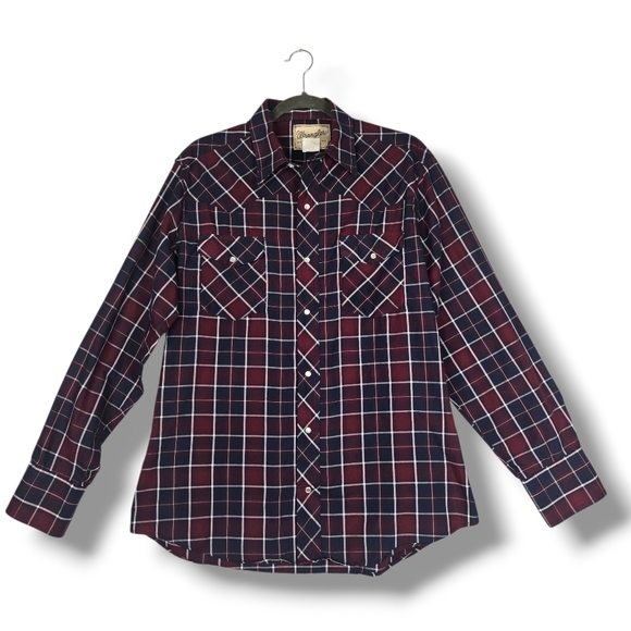 Wrangler Other - Wrangler Men's Western Snap Shirt Size Large Navy Plaid Pearl Snaps